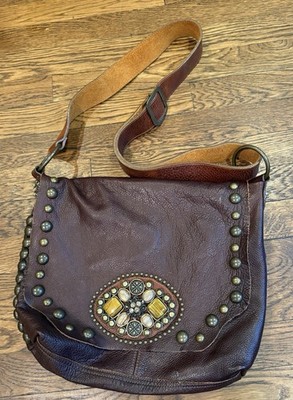 Leatherock USA Brown Leather Studded Rhinestone Western Messenger Crossbody Bag