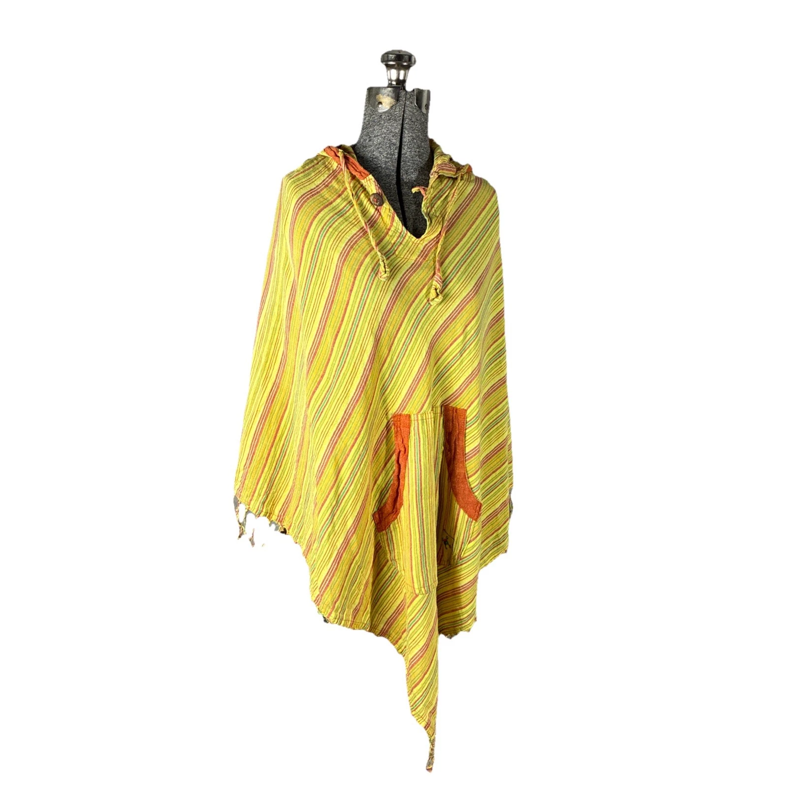 Katmandu 100% Cotton Hooded Poncho Striped Fringe Adult One Size Festival Boho