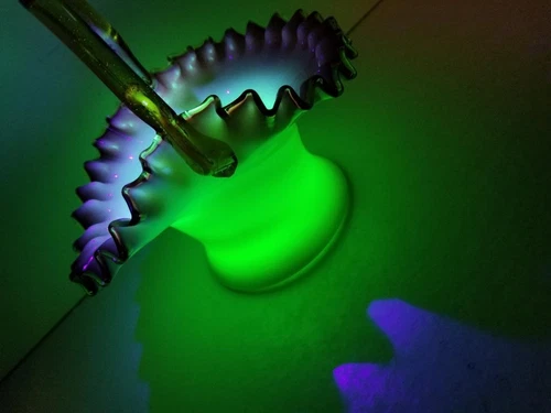 Rare Victorian Stevens & Williams Pink & Milk Glass Uranium Glows Ruffle Basket