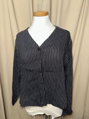Eileen Fisher Women's Blue/White Striped Crinkle Linen Rayon V-Neck Blouse S
