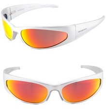 BALENCIAGA BB0290S SKIN 0290 Silver Aluminum Red Mirror Mask Wrap Sunglass 004