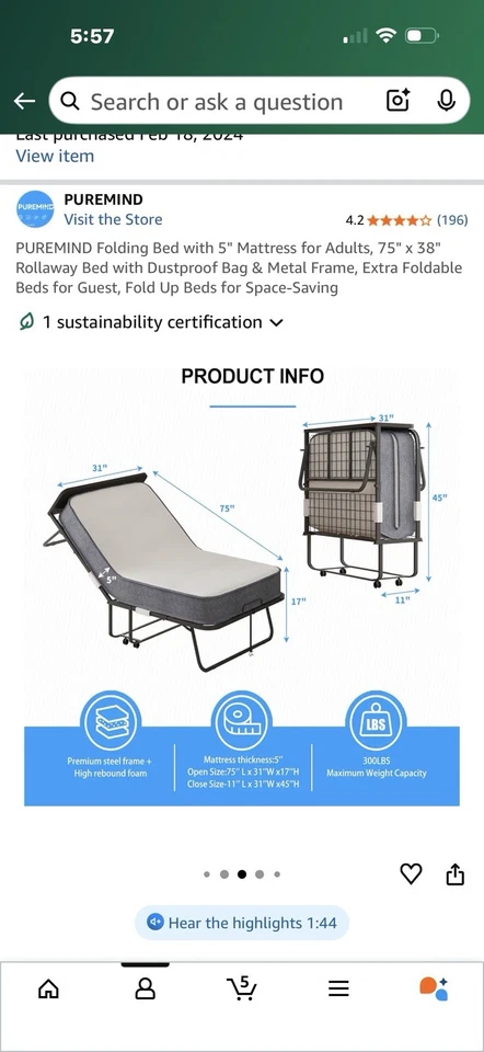 Cama Plegable con 5 Colchones para Adultos 75x38 Cama Plegable con Bolsa de Almacenamiento Foto 3 de 3