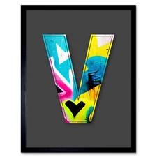 Letter V Tagging Heart Decorative Graffiti Initial Wall Art Print Framed 12x16"