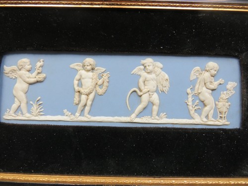 Vintage Wedgwood Pale Blue Jasperware Four Seasons Cupids Framed Plaque - Picture 4 of 10