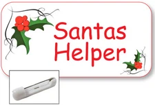 WHITE NAME BADGE TAG FOR SANTAS HELPER CHRISTMAS ARTWORK SAFETY PIN FASTENER