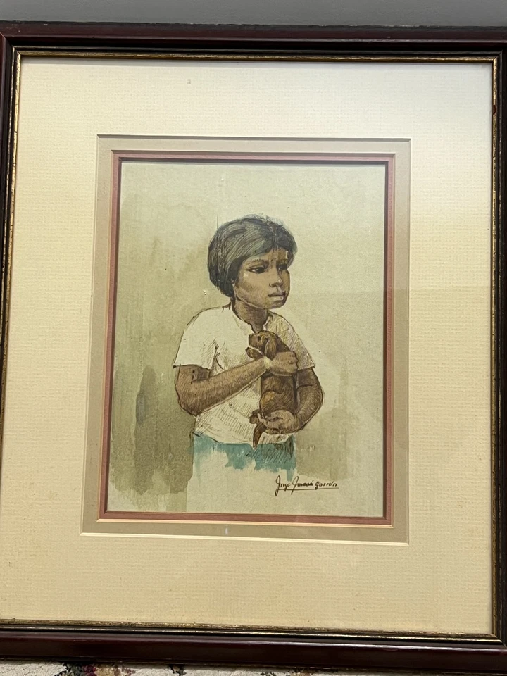 Dibujo a tinta sepia original Jorge Imana Garrón, niño con amapola, firmado, enmarcado Foto 2 de 4