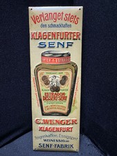 Verlanget stets KLAGENFURTER SENF -Blech-T&uuml;rschild - 8x23,5 cm - AUT um 1910 III