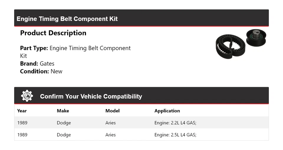 Kit de componentes de correa de distribución de motor Dodge Aries 1989 puertas Foto 2 de 4
