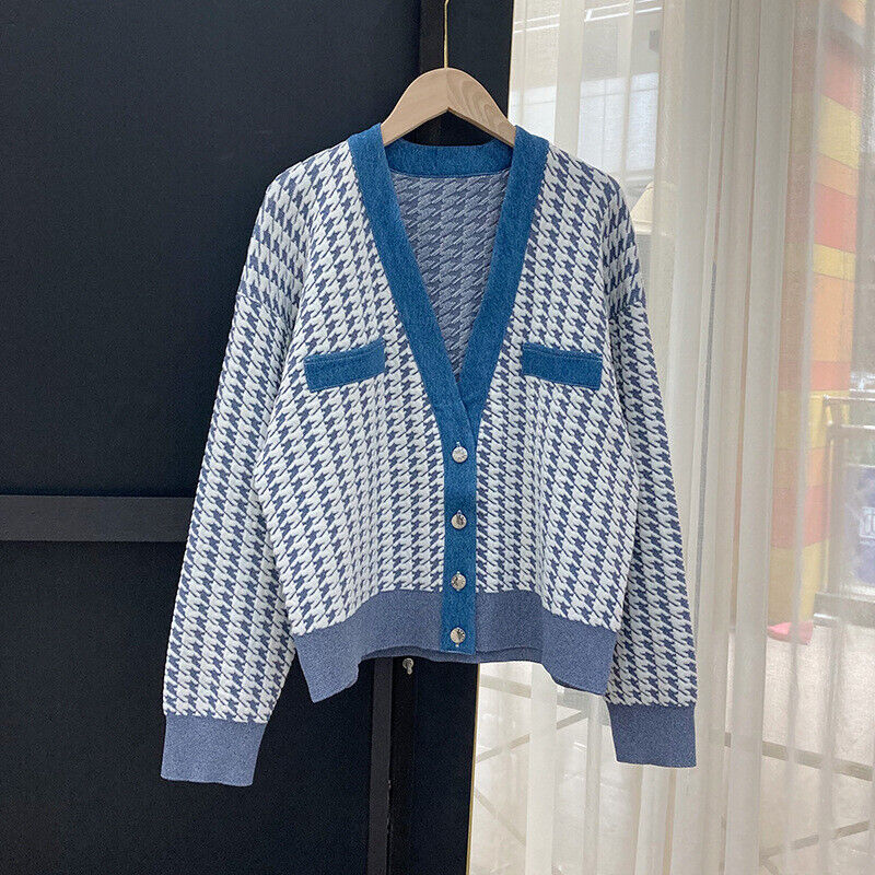 sandro denim panel houndstooth V-neck knitted cardigan