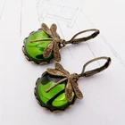 Earrings Women Vintage Boho Dragonfly Green Crystal Dangle Jewelry Retro Bronze