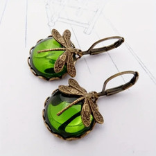 Earrings Women Vintage Boho Dragonfly Green Crystal Dangle Jewelry Retro Bronze