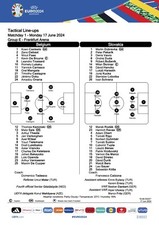 Belgium v Slovakia Euro 24 Official EUFA Teamsheet
