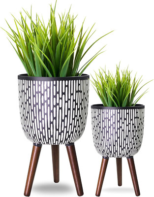 Mid-Century Plant Pot Set with Stand - 10 & 12 Inches for Indoor Plants