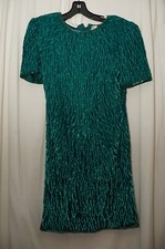 Vintage LAURENCE KAZAR Sequin Beaded Green Silk Dress Size PS Short Sleeves