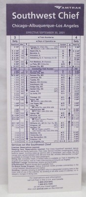 Amtrak Southwest Chief Fahrplan 30. September 2001 Chicago Albuquerque Los Angeles