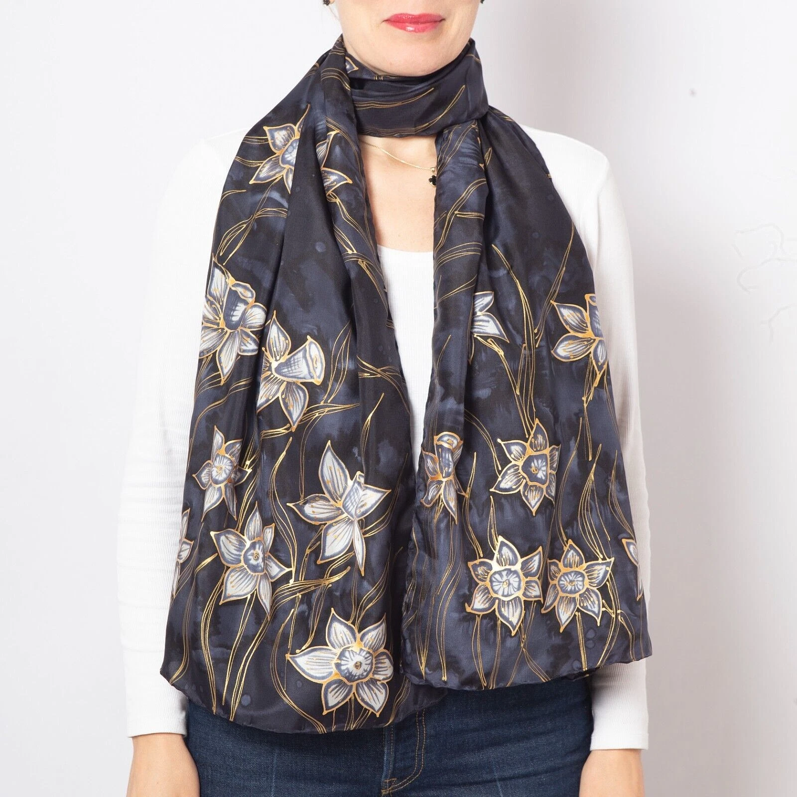 Daffodil Print Hand Painted Silk Scarf Black White Scarf Birthday Gift 68X19