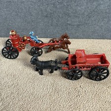 Vintage 2-Piece Cast Iron Horse Drawn Fire Engine Wagon Express Goat Wagon