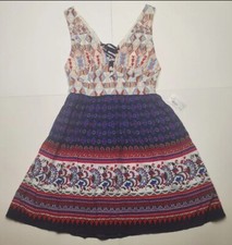 MOD Dress Womens Medium Aztec Tie Back Mini Strappy V Neck Floral Fit and Flare