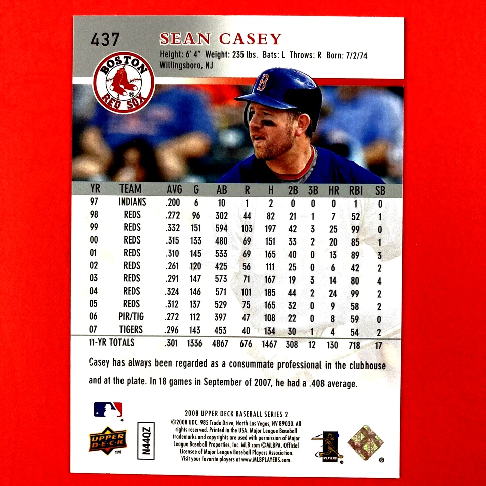 Sean Casey 2008 Upper Deck Card #437 MLB Boston Red Sox - Image 2 of 2