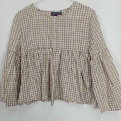 Urban Renewal Gingham Ruffle Cropped Blouse Size Large Tan White Vintage Fabrics