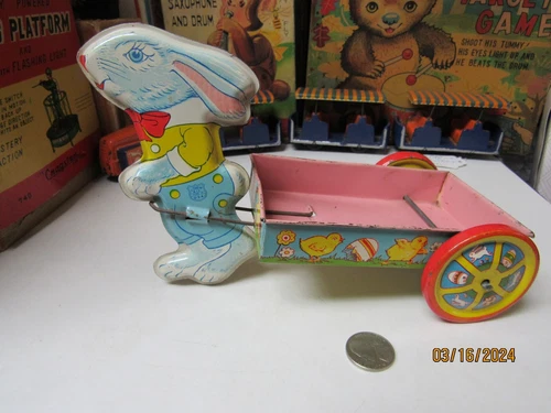 J Chein Easter Bunny Rabbit Pulling Egg Cart 1950's. All Tin, Works.