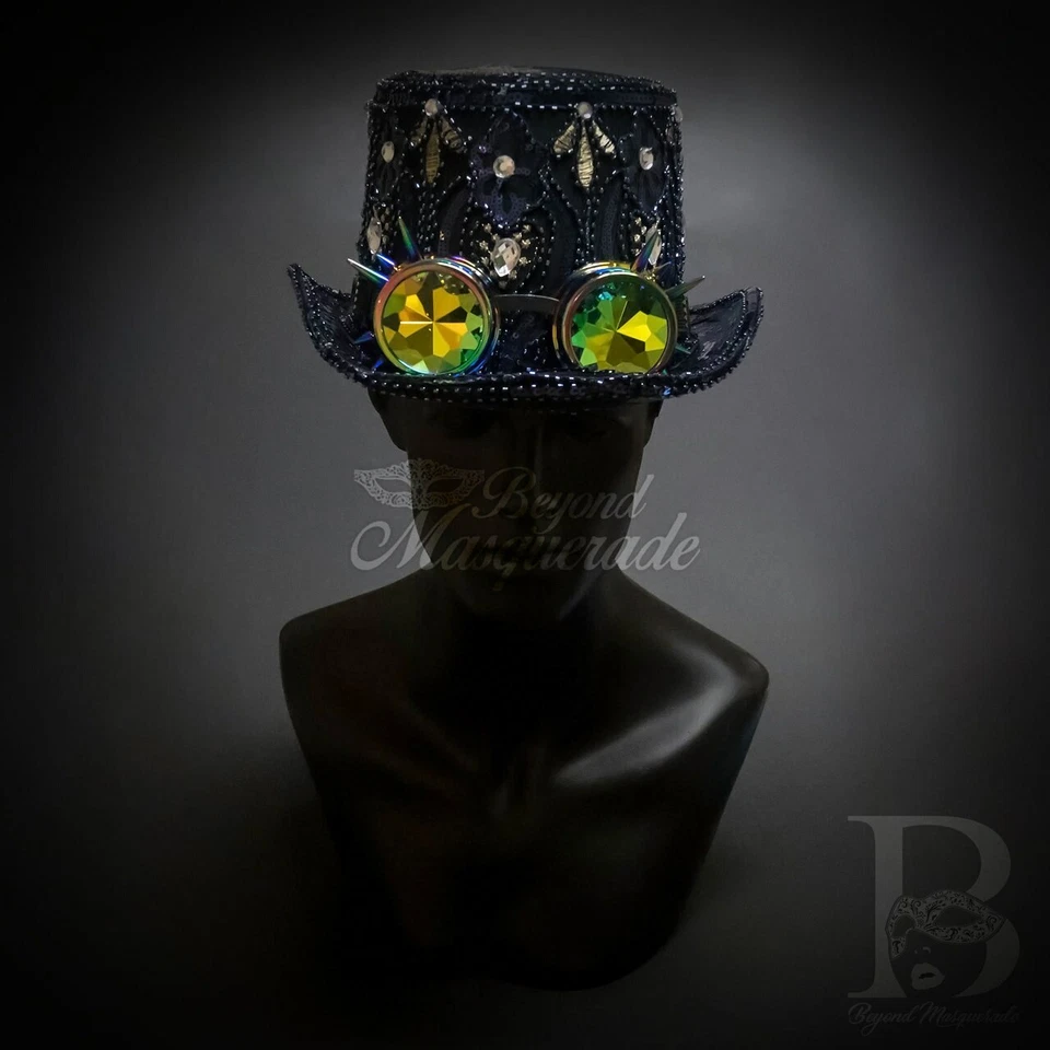 Steampunk Hat | Navy Blue Sequin Hat with Kaleidoscope Goggles FS1217 - Image 4 of 4