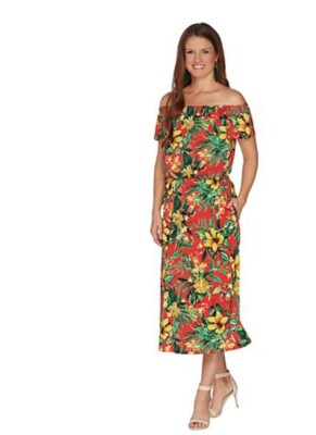 G.I.L.I. Regular Off the Shoulder Midi Dress Red Hibiscus XL A306106
