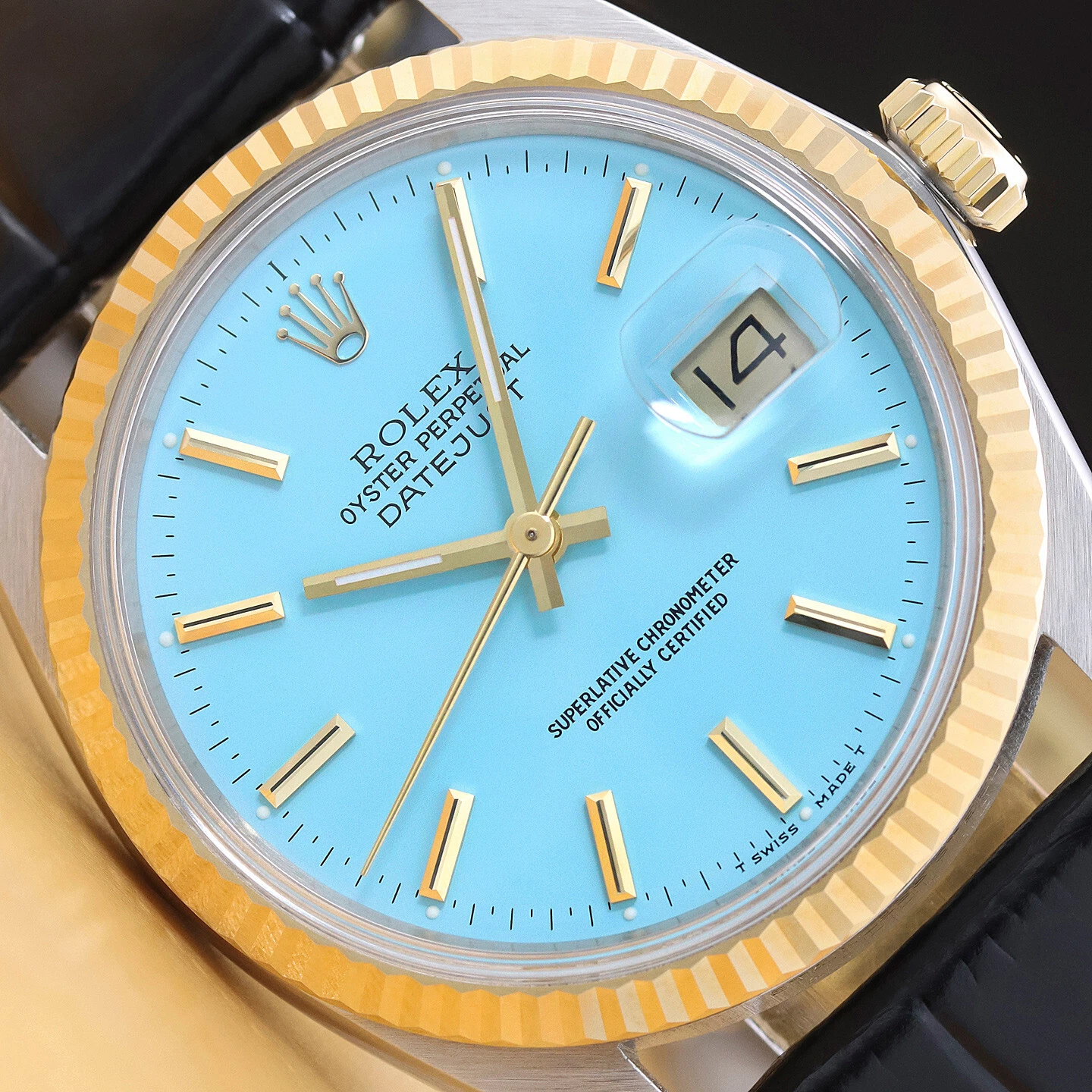 OROLOGIO ROLEX UOMO DATEJUST 16013 BLU ACQUA ACCIAIO ORO 18K con CINTURINO PELLE NERO