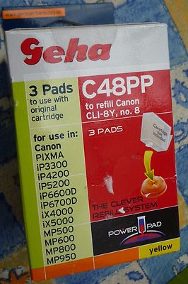 3 Pads, Tinte für Canon Patronen CLI-8Y, Geha C48PP, Neu, Ungeöffnet