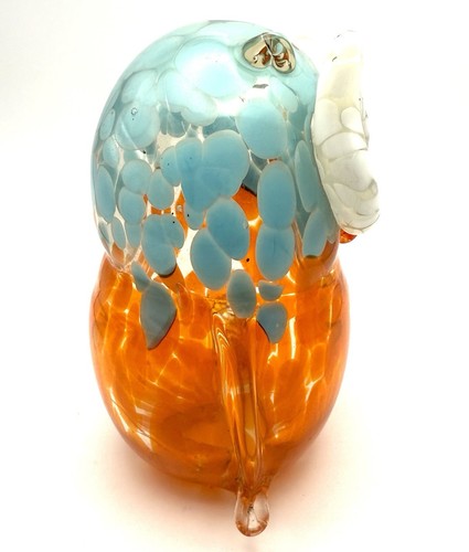 Hand-Blown Art Glass Owl Figurine Orange Blue White 5” H Paperweight Vintage - Picture 4 of 6