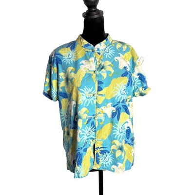 Vintage 100% Silk Tropical Print Top Women Size L Rum Runner Blue Retro Resort