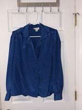 Vintage Stefanie Blue Black Geometric Blouse  Skirt Set Long Sleeve Size 10 16