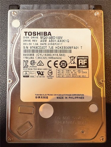 Toshiba, 1TB, MQ01ABD100V, ASM AB01/AX0K1Q, S/N: 97K8CD2OT, SATA HDD