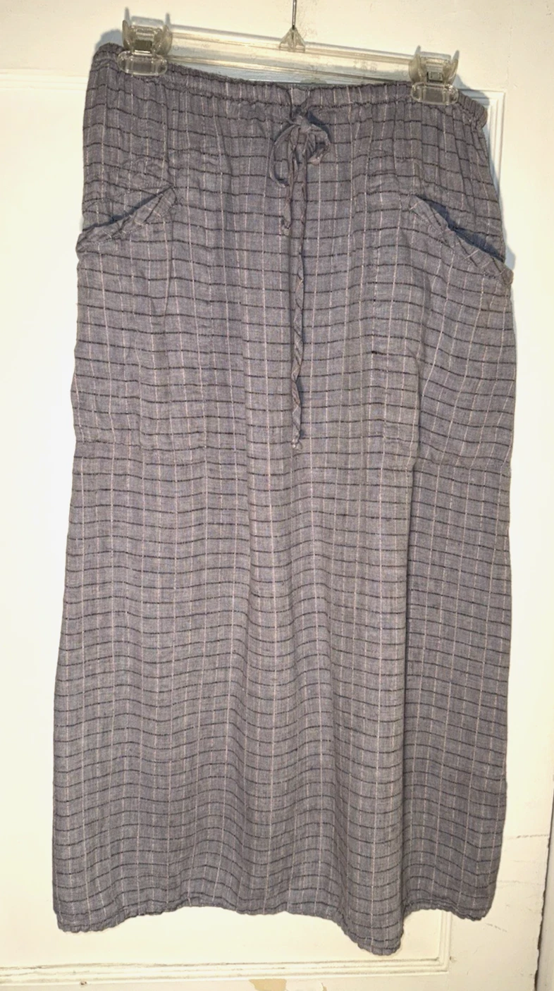 Flax By Jeanne Engelhart Linen Textured Plaid Maxi Skirt Blue Size M
