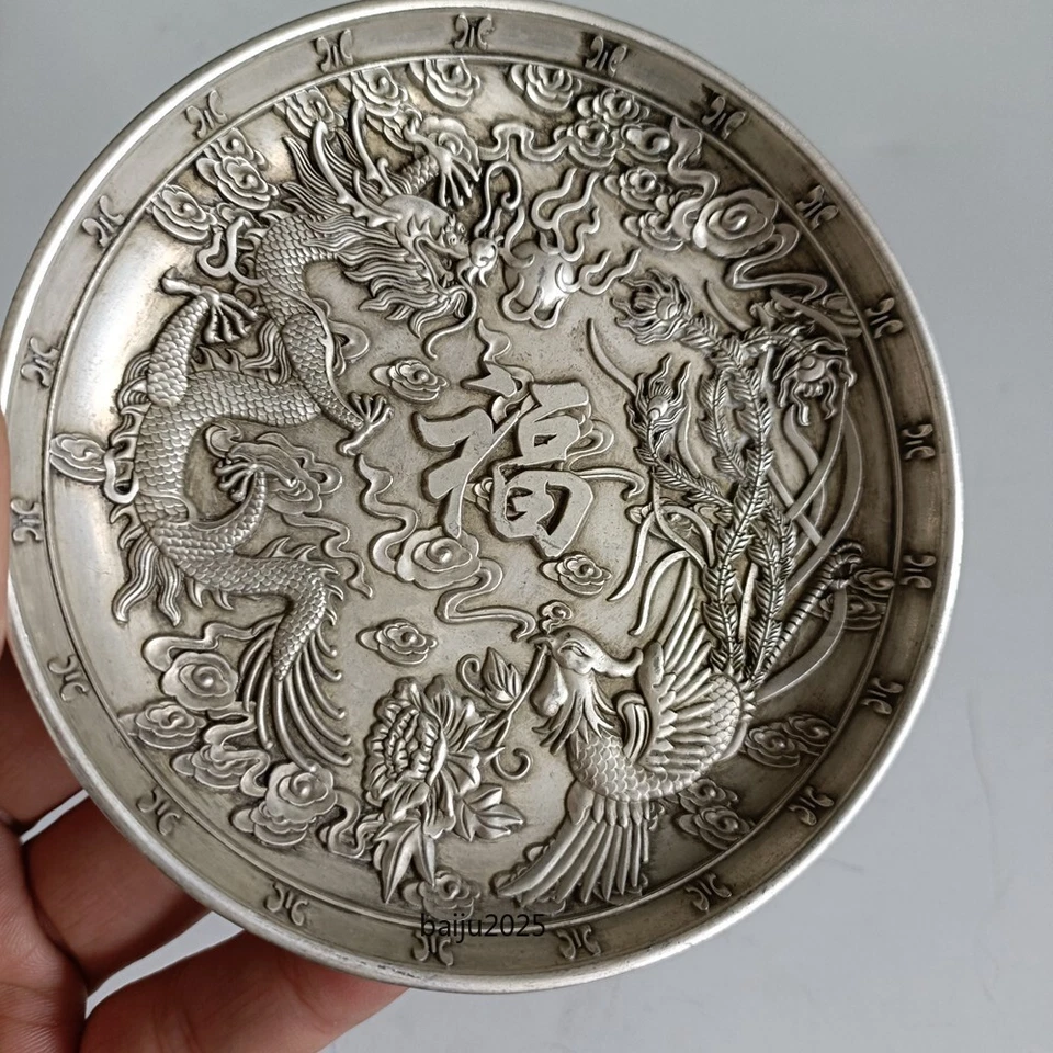 Exquisita placa de dragón y fénix tallada a mano en plata del Tíbet chino antiguo Foto 3 de 4