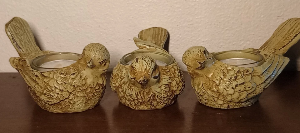 3 Bird Votive Candle Holder Figurines Set Resin Rustic Table / Shelf Decor Light - Image 2 of 4