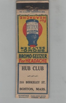 1930s Matchbook Cover Bromo-Seltzer Hub Club Boston MA