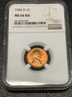 1945-D LINCOLN WHEAT CENT (1C) NGC MS 66 RD Certified Coin #1255