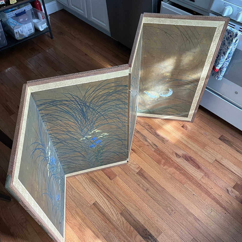 Vintage Oriental 4 Panel Screen Japan Gold Birds Flowers Signed Artist Made - Image 4 of 4