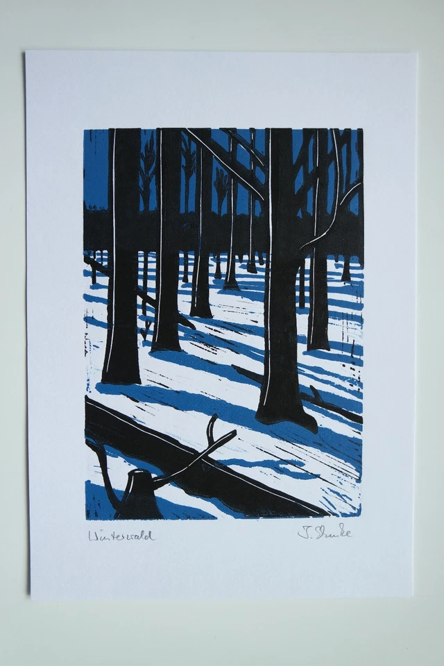 Farb-Linolschnitt „Winterwald“, Originaldruck, signiert T. Ehmke, 2025 - Bild 2 von 4