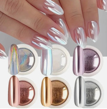 6PCS Mirror Chrome Nail Powder Aurora Holographic Metallic Nail Art Pigment