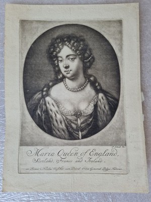 Antiker 17. Jh. Mezzotinta Gravur Druck von Queen Mary II Glorreiche Revolution 2