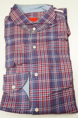 Isaia Napoli Blue Red White Plaid Long Sleeve Cotton Dress Shirt 15.5/39 NEW
