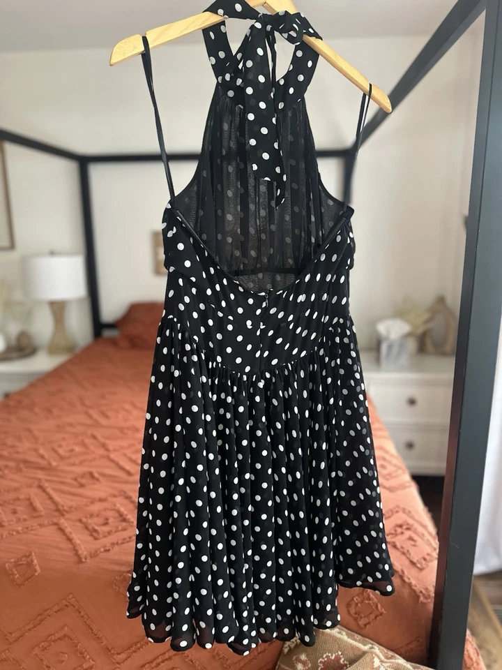 Vestido Halter Moda International Talla 12 Chifón Negro Blanco Lunares Foto 4 de 4