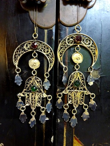 Djerba Chiirya Hamsa Silver Gilt Filigree Pair Pendants Necklace Tunis Antique - Picture 7 of 12