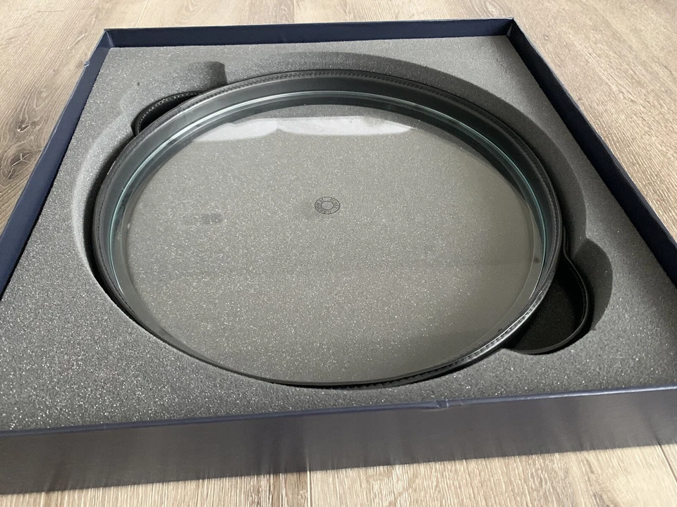 NOS AUTHENTIC RALPH LAUREN HENLEY 15” ROUND BLACK LEATHER & TEMPERED GLASS TRAY - Image 2 of 4