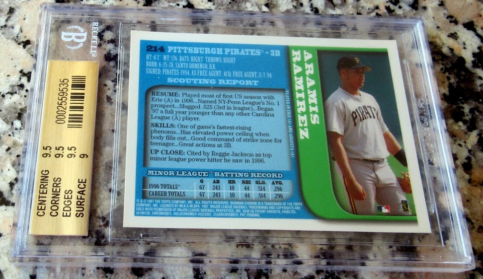 Tarjeta de novato ARAMIS RAMIREZ 1997 Bowman cromada RC BGS 9,5 GEMA COMO NUEVA Cubs Salón de la fama $$ Foto 3 de 3