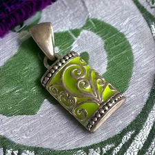Vintage MJ Signed Silver and Green Enameled Necklace Pendant