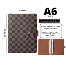💗 Luxury Checkered Agenda Binder Planner Journal A6 [Brown Brown Gold-Ring]