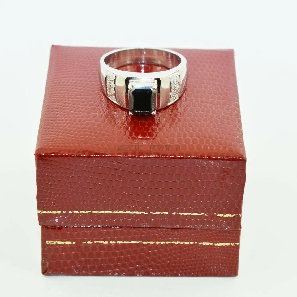 Negra Natural Onix Piedra preciosa con 14K Chapado En Oro Blanco Plata Anillo - Imagen 4 de 4